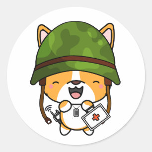 Cute Corgi Dog Wearing army helmet Classic Round Sticker