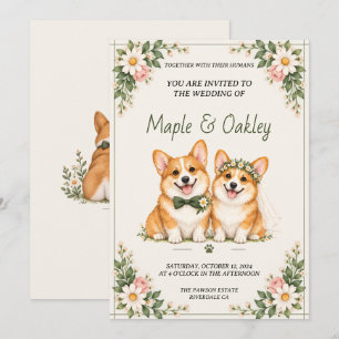Cute Corgi Dog Wedding Invitation Floral Rustic