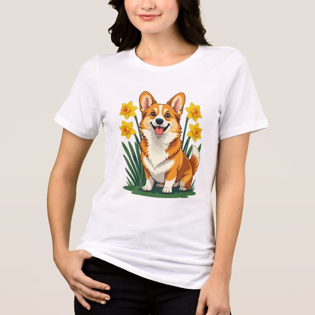 Cute Corgi Dog With Daffodils Tri-Blend Shirt (Front)