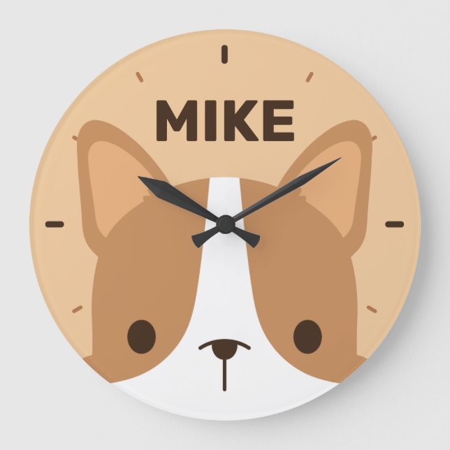 Cute Corgi Dog with Personalised Name Large Clock (Front)