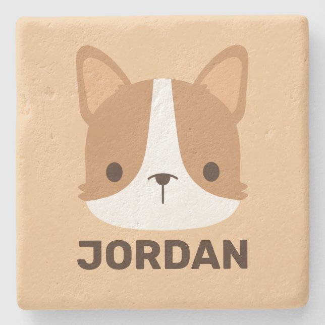Cute Corgi Dog with Personalised Name  Stone Coaster (Front)