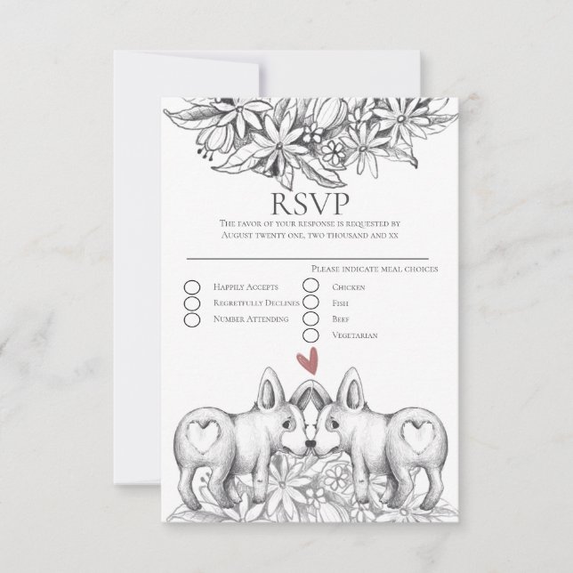 Cute Corgi Dogs Pencil Drawing Wedding RSVP (Front)