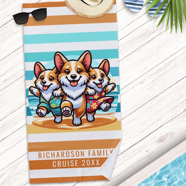 Cute Corgi Dogs Summer Family Vacation Beach Towel (Creator Uploaded)