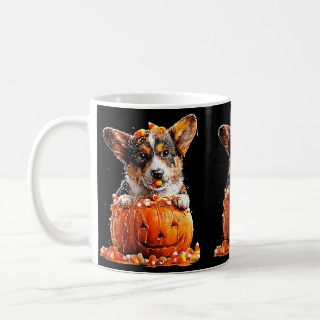 Cute Corgi Dripping Pumpkin Candy Corn Halloween Coffee Mug (Left)