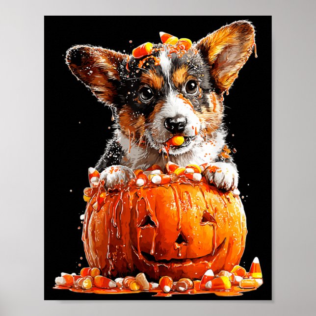 Cute Corgi Dripping Pumpkin Candy Corn Halloween Poster (Front)