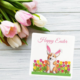 Cute Corgi Easter Bunny Tulip Flowers Party Napkin