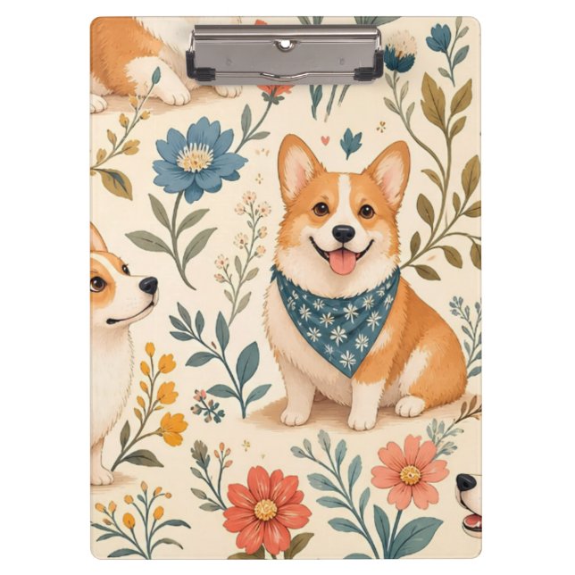 Cute Corgi Floral Garden Pattern Clipboard (Front)