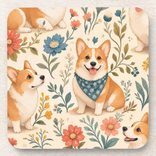 Cute Corgi Floral Garden Pattern Coaster