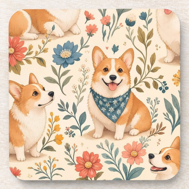 Cute Corgi Floral Garden Pattern Coaster (Front)