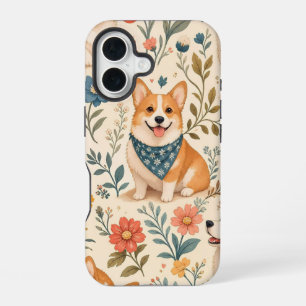 Cute Corgi Floral Garden Pattern iPhone 16 Case