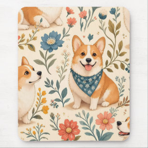 Cute Corgi Floral Garden Pattern Mouse Pad