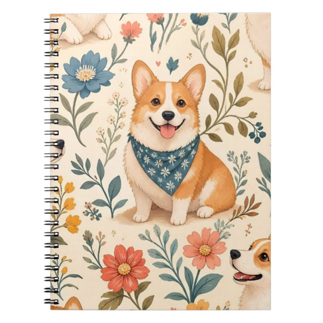 Cute Corgi Floral Garden Pattern Notebook (Front)