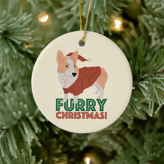 Cute Corgi Furry Christmas Ceramic Ornament (Tree)