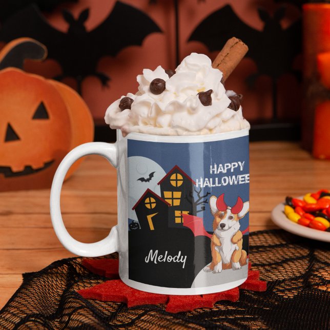 Cute Corgi Halloween Haunted House Personalised Coffee Mug (Creator Uploaded)