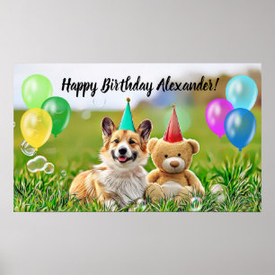 Cute Corgi Happy Birthday Party Poster