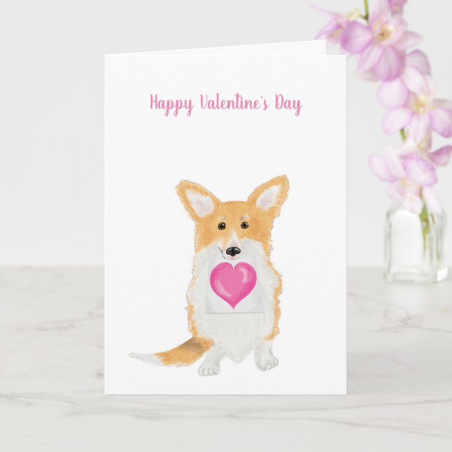 Cute corgi 'Happy Valentine's Day' pink heart card (Orchid)