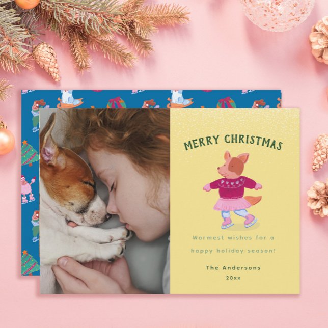 Cute Corgi Ice Skating Mustard Yellow Christmas  Holiday Card (Creator Uploaded)