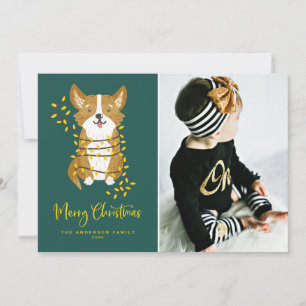Cute Corgi in String Lights Merry Christmas Photo Holiday Card