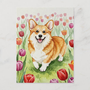 Cute Corgi in Tulips Postcard