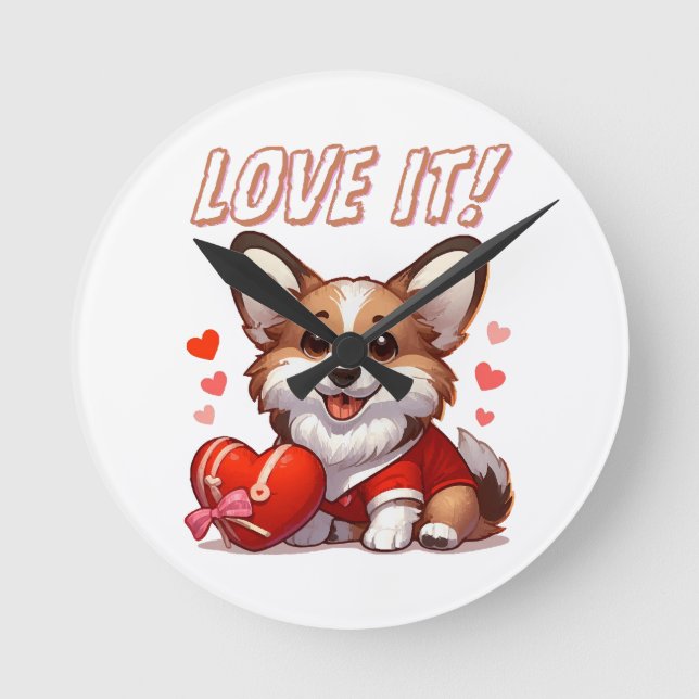 Cute Corgi Love Round Clock (Front)