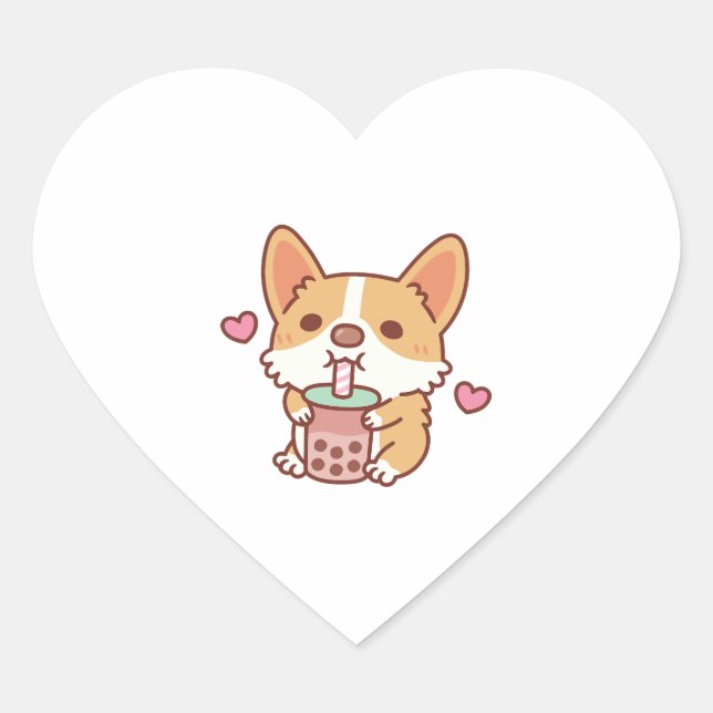Cute Corgi Loves Drinking Bubble Tea Heart Sticker (Front)