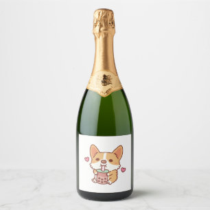 Cute Corgi Loves Drinking Bubble Tea Sparkling Wine Label