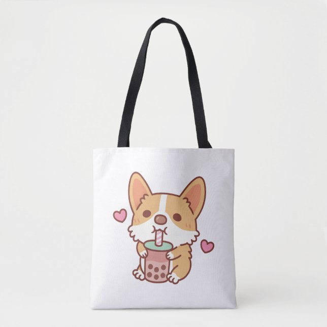 Cute Corgi Loves Drinking Bubble Tea Tote Bag (Front)