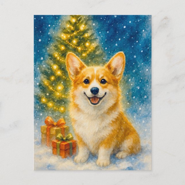 Cute Corgi Merry Happy Christmas Tree Postcard  (Front)