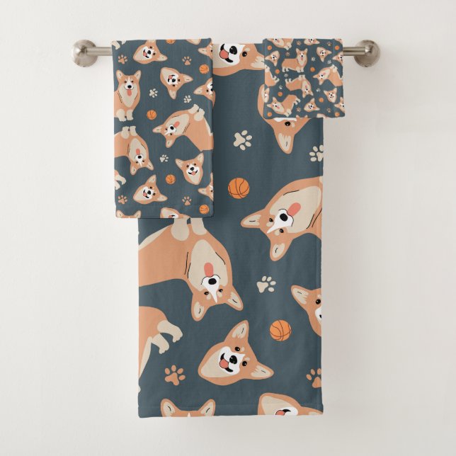 Cute Corgi Pattern Bath Towel Set (Insitu)