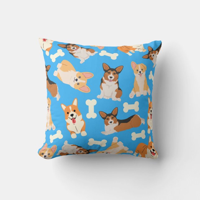 Cute Corgi Pattern Blue Cushion (Front)