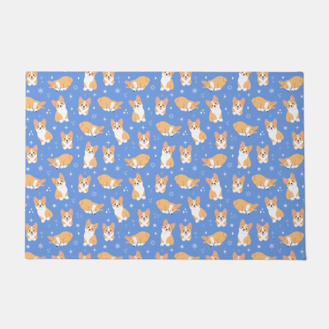 Cute Corgi Pattern Blue Doormat (Front)