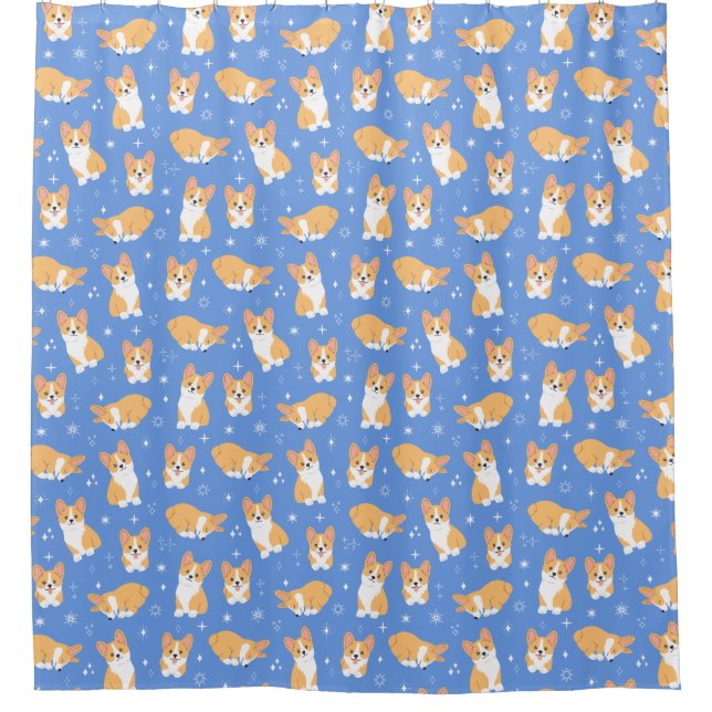 Cute Corgi Pattern Blue Shower Curtain (Front)