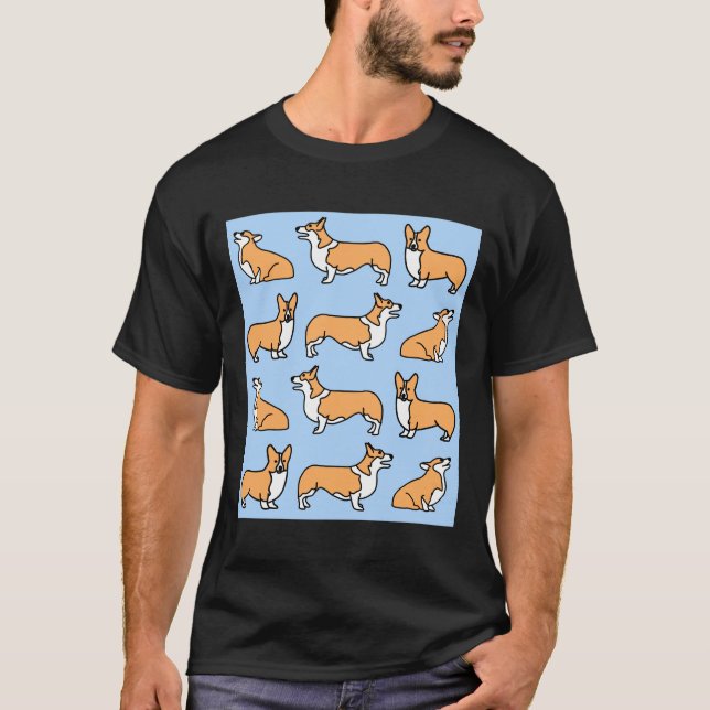 Cute Corgi Pattern With Blue Background T-Shirt (Front)