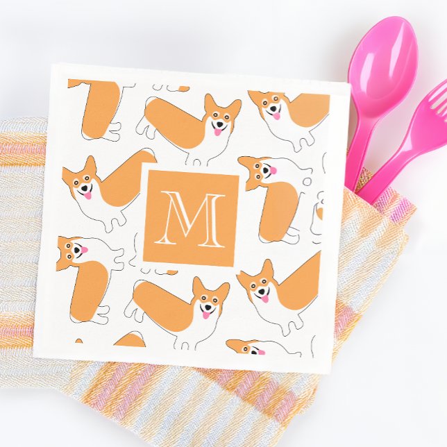 Cute Corgi Pattern with Custom Monogram Napkin (Creator Uploaded)