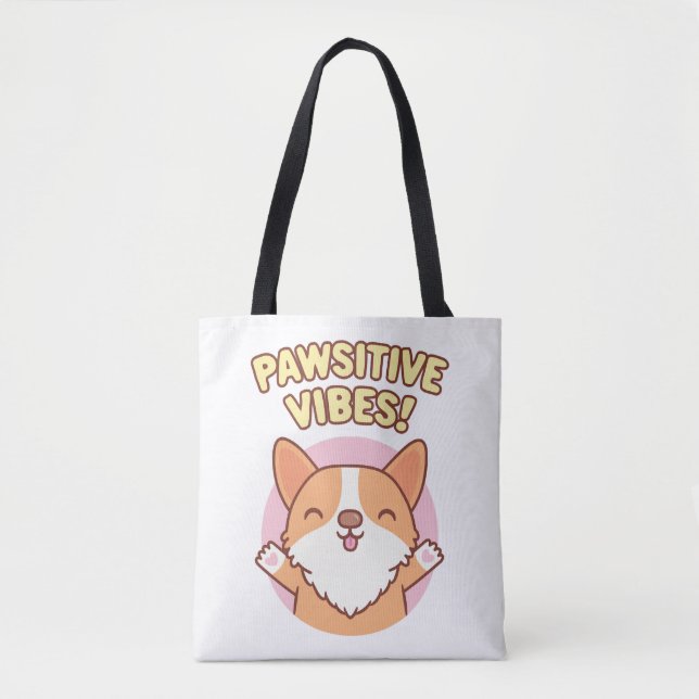 Cute Corgi Paws Pawsitive Vibes Tote Bag (Front)