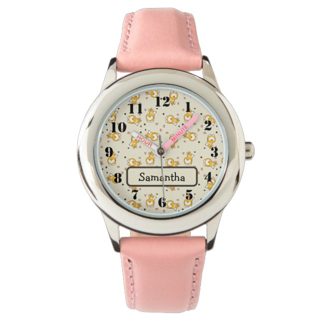 Cute corgi pink pattern watch (Front)