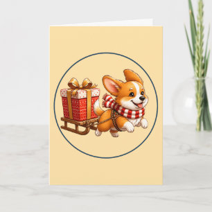 Cute Corgi Pulling Christmas Gift Sledge Ornament Card