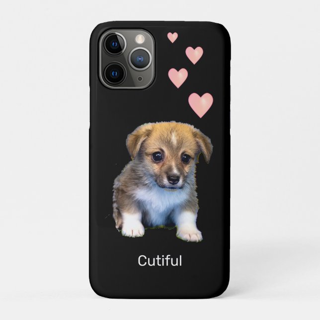 Cute Corgi Puppy Dog & Hearts on Black Case-Mate iPhone Case (Back)