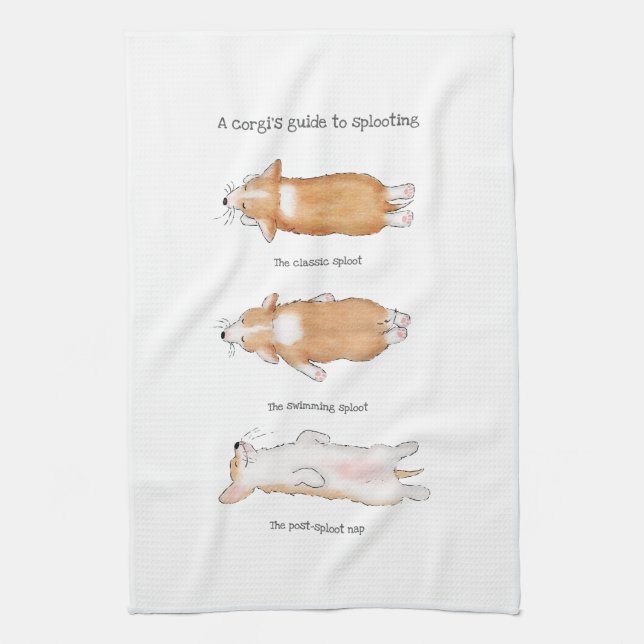 Cute corgi puppy guide to splooting tea towel (Vertical)