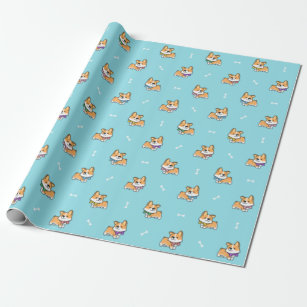Cute Corgi Puppy Pattern Baby Blue with Dog Bones Wrapping Paper