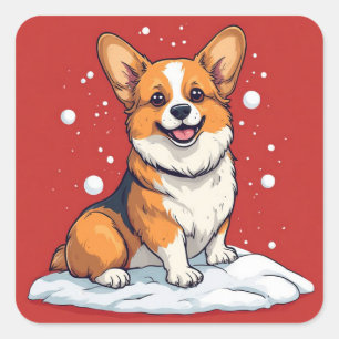 Cute Corgi Puppy Sitting In Snowy Christmas Scene Square Sticker