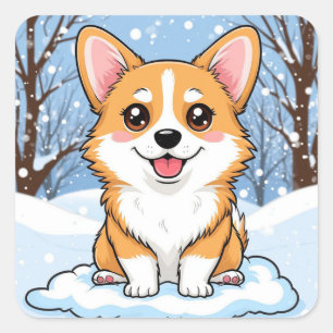 Cute Corgi Puppy Sitting In Snowy Winter Scene Square Sticker