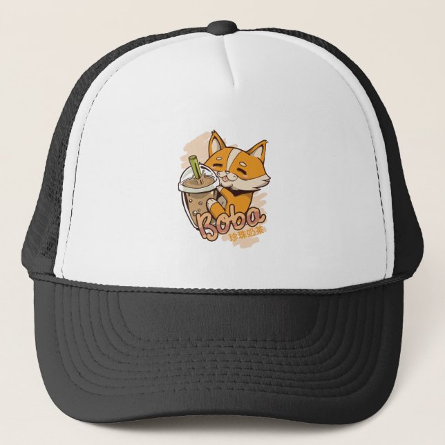 Cute Corgi Puppy with Bubble Tea Trucker Hat (Front)