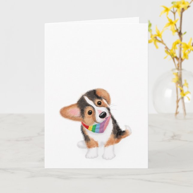 Cute corgi puppy with rainbow bandana blank card (Yellow Flower)