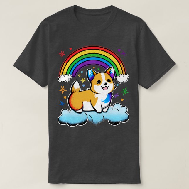 Cute Corgi Rainbow Cloud Kawaii Animals Dog Lover T-Shirt (Design Front)