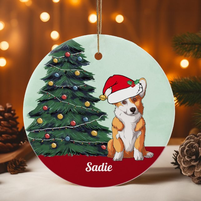 Cute Corgi Santa Hat Monogrammed Christmas Tree Ceramic Ornament (Creator Uploaded)
