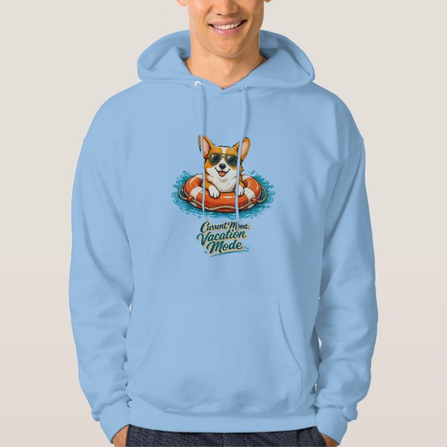 Cute Corgi Summer Vacation Mode Hoodie | Funny Bea (Front)
