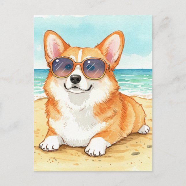 Cute Corgi Sunglasses Beach Ocean Summer Postcard (Front)