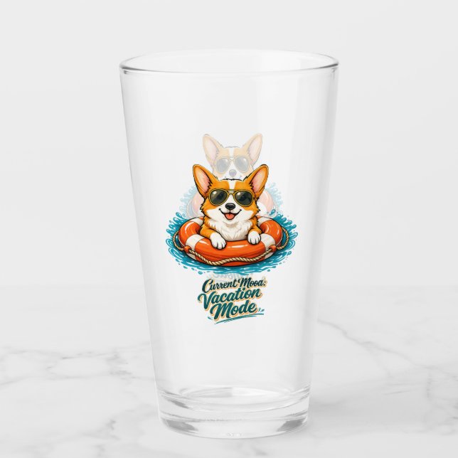 Cute Corgi "Vacation Mode" Summer Design Glass (Front)