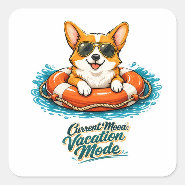 Cute Corgi "Vacation Mode" Summer Design Square Sticker (Front)